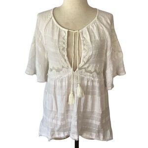 Free People Gauze Boho Cream Blouse Top Women’s Medium Lace Swing